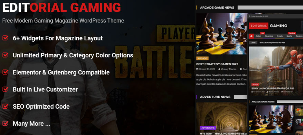 Editorial Gaming is one of the best free themes for creating a gaming blog in WordPress